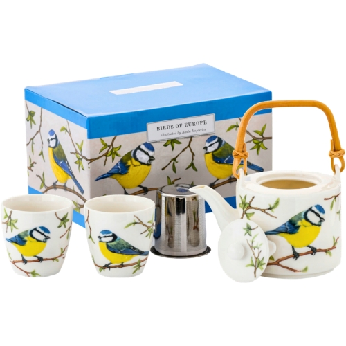Porcelanowy ZESTAW Czajnik 600 ml 2 Kubki 150 ml Ptaki Polski SIKORA MODRA