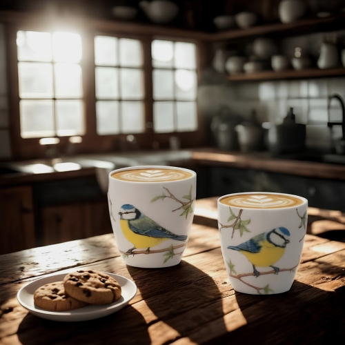 Porcelanowy ZESTAW Czajnik 600 ml 2 Kubki 150 ml Ptaki Polski SIKORA MODRA