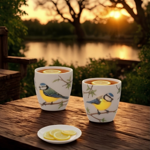 Porcelanowy ZESTAW Czajnik 600 ml 2 Kubki 150 ml Ptaki Polski SIKORA MODRA