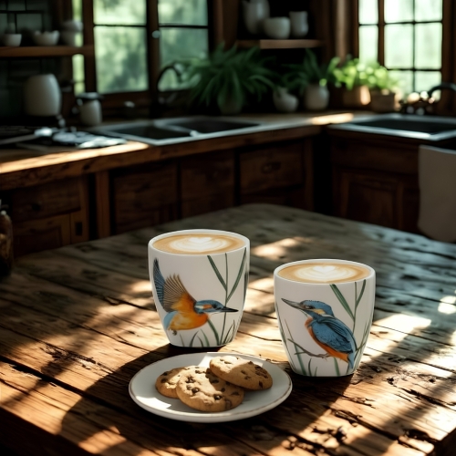 Porcelanowy ZESTAW Czajnik 600 ml + 2 Kubki 150 ml - Ptaki Polski ZIMORODEK