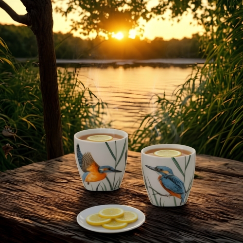 Porcelanowy ZESTAW Czajnik 600 ml + 2 Kubki 150 ml - Ptaki Polski ZIMORODEK