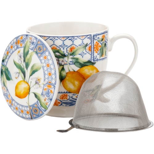 Porcelanowy Kubek z Zaparzaczem i Pokrywką do HERBATY ZIÓŁ 480 ml - CYTRYNY