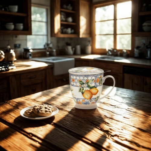 Porcelanowy Kubek z Zaparzaczem i Pokrywką do HERBATY ZIÓŁ 480 ml - CYTRYNY