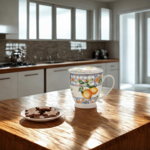 Porcelanowy Kubek z Zaparzaczem i Pokrywką do HERBATY ZIÓŁ 480 ml - CYTRYNY