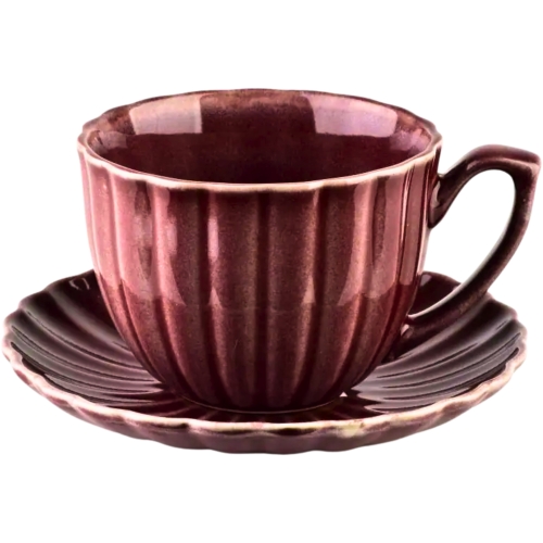 EVIE BURGUNDY Porcelanowa Filiżanka 300 ml + spodek do KAWY HERBATY - 6 szt