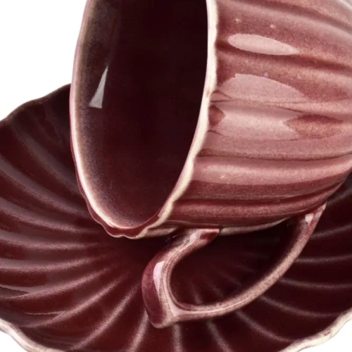 EVIE BURGUNDY Porcelanowa Filiżanka 300 ml + spodek do KAWY HERBATY - 6 szt