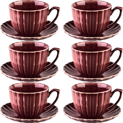 EVIE BURGUNDY Porcelanowa Filiżanka 300 ml + spodek do KAWY HERBATY - 6 szt