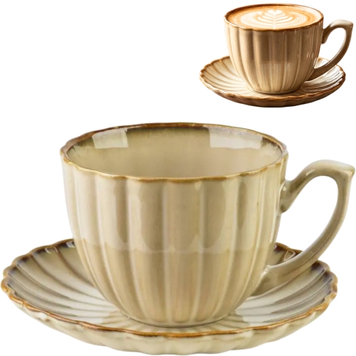 EVIE BEIGE Porcelanowa Filiżanka 300 ml ze spodkiem 15 cm - do KAWY HERBATY