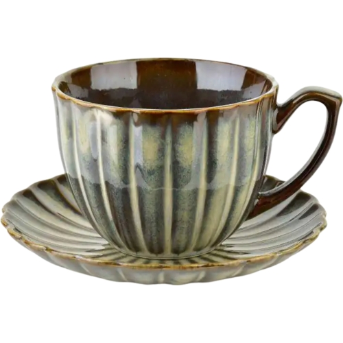 EVIE GREEN Porcelanowa Filiżanka 300 ml ze spodkiem do KAWY HERBATY - 2 szt