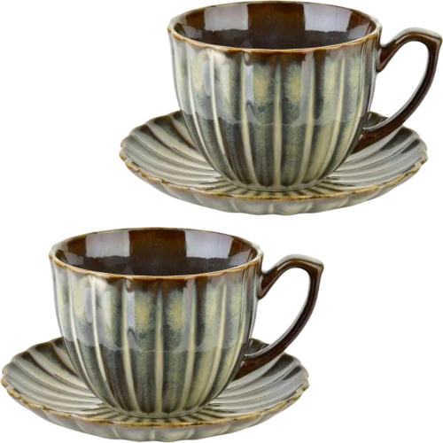 EVIE GREEN Porcelanowa Filiżanka 300 ml ze spodkiem do KAWY HERBATY - 2 szt