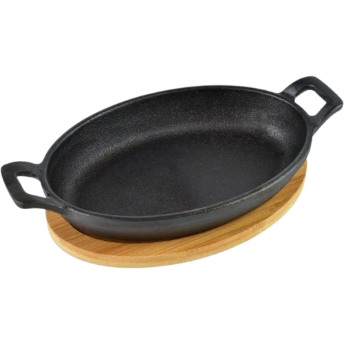 ŻELIWNE Naczynie DO ZAPIEKANIA na drewnianej desce - 22 x 12 x 3 cm; 300 ml