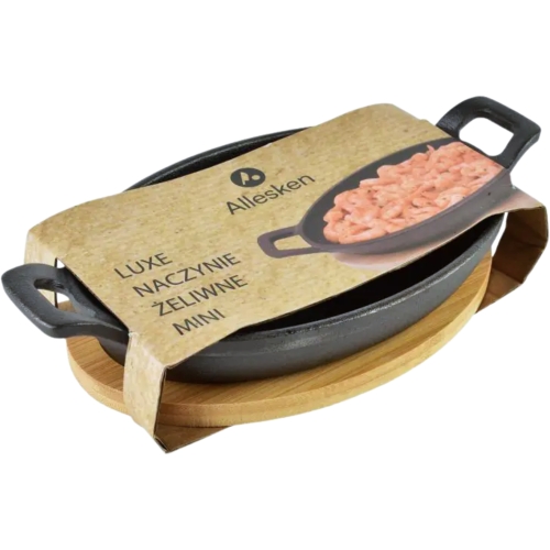 ŻELIWNE Naczynie DO ZAPIEKANIA na drewnianej desce - 22 x 12 x 3 cm; 300 ml