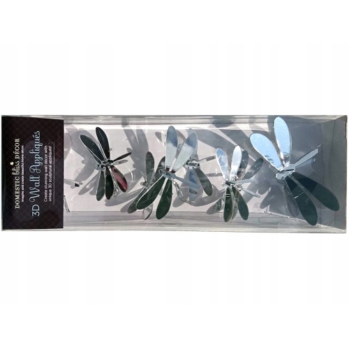 Ważka SREBRNA LUSTRZANA naklejka 3D 11 cm - 11 szt