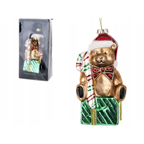 Bombka SZKLANA 13 x 7 x 6 cm Ozdoba choinkowa - MIŚ NA PUDEŁKU Z PREZENTAMI
