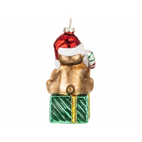 Bombka SZKLANA 13 x 7 x 6 cm Ozdoba choinkowa - MIŚ NA PUDEŁKU Z PREZENTAMI