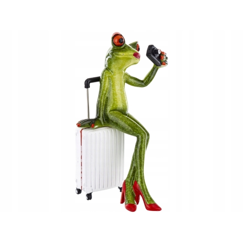 Ozdobna Figurka 17 x 8,8 x 7,5 cm - Żaba z walizką i aparatem Turystka