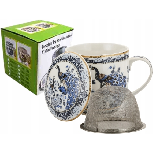 Porcelanowy Kubek 320 ml z Pokrywką i Zaparzaczem - NIEBIESKIE PAWIE