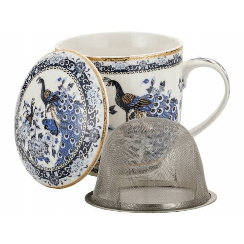 Porcelanowy Kubek 320 ml z Pokrywką i Zaparzaczem - NIEBIESKIE PAWIE