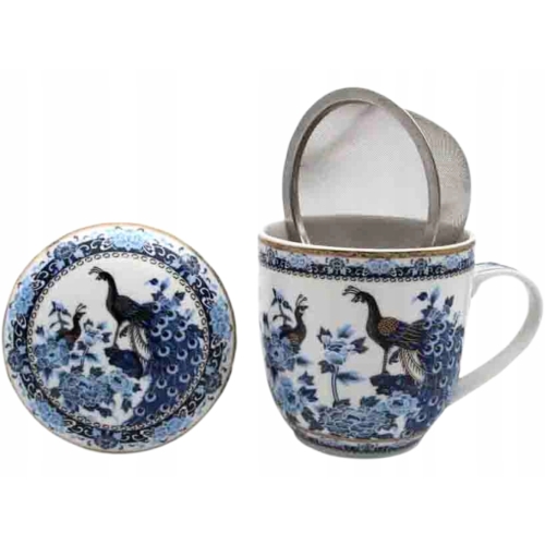 Porcelanowy Kubek 320 ml z Pokrywką i Zaparzaczem - NIEBIESKIE PAWIE