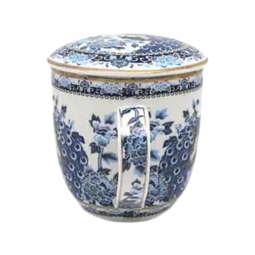 Porcelanowy Kubek 320 ml z Pokrywką i Zaparzaczem - NIEBIESKIE PAWIE
