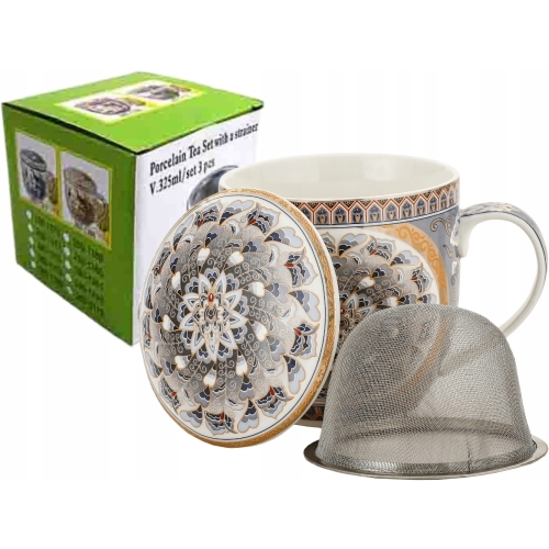 Porcelanowy Kubek 320 ml z Pokrywką i Zaparzaczem - KOLOROWA MANDALA