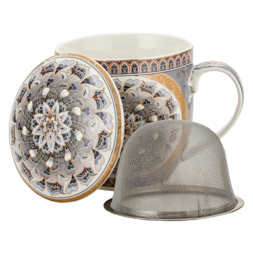 Porcelanowy Kubek 320 ml z Pokrywką i Zaparzaczem - KOLOROWA MANDALA