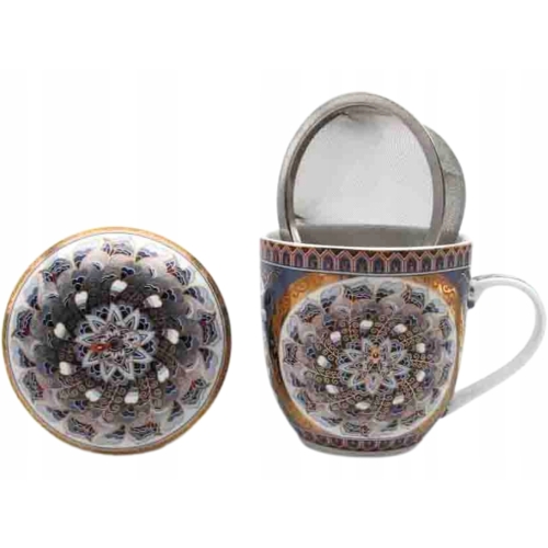 Porcelanowy Kubek 320 ml z Pokrywką i Zaparzaczem - KOLOROWA MANDALA