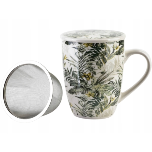 Porcelanowy Kubek 320 ml z Zaparzaczem i Pokrywką do HERBATY ZIÓŁ - JUNGLE
