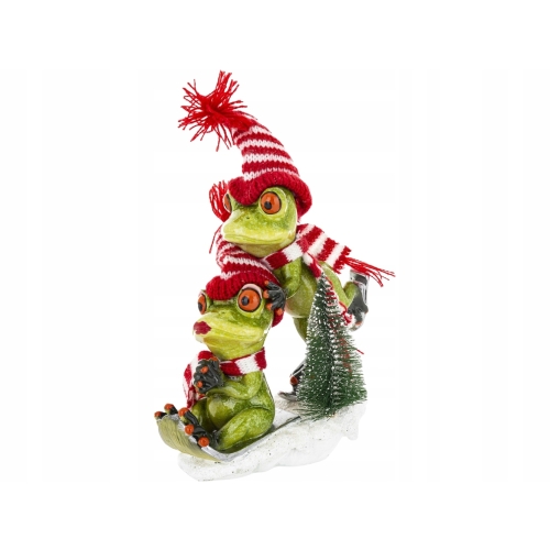 Ozdobna Figurka ŻABA 21,5 x 15 x 7 cm - DWIE Żabki NA SANKACH, Z CHOINKĄ