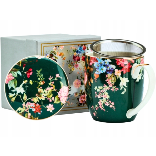 Porcelanowy Kubek z Zaparzaczem i Pokrywką do HERBATY ZIÓŁ 425 ml - KWIATY