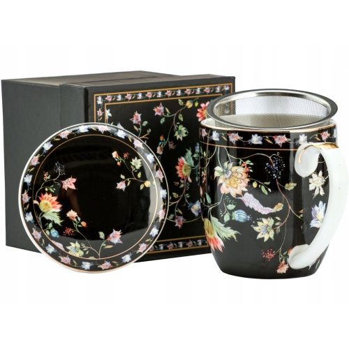 Porcelanowy Kubek z Zaparzaczem i Pokrywką do HERBATY ZIÓŁ 425 ml - KWIATY