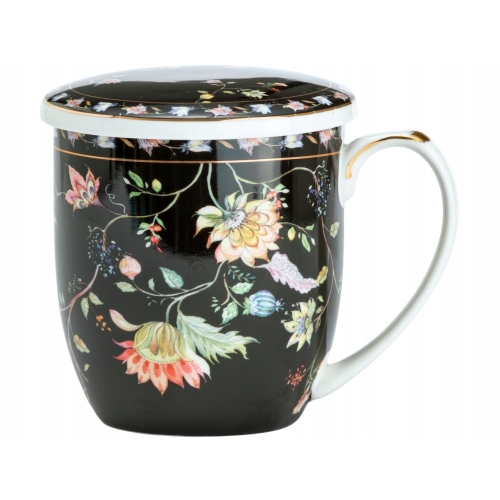 Porcelanowy Kubek z Zaparzaczem i Pokrywką do HERBATY ZIÓŁ 425 ml - KWIATY