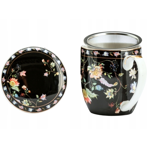 Porcelanowy Kubek z Zaparzaczem i Pokrywką do HERBATY ZIÓŁ 425 ml - KWIATY