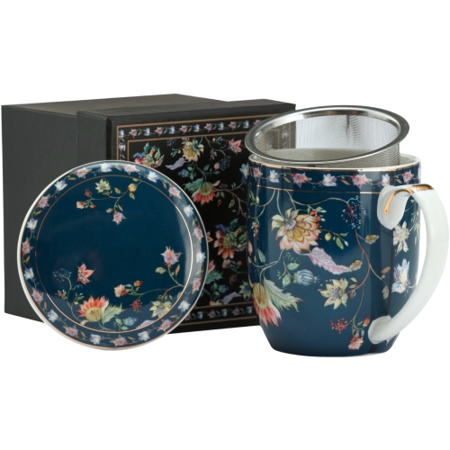 Porcelanowy Kubek z Zaparzaczem i Pokrywką do HERBATY ZIÓŁ 425 ml - KWIATY