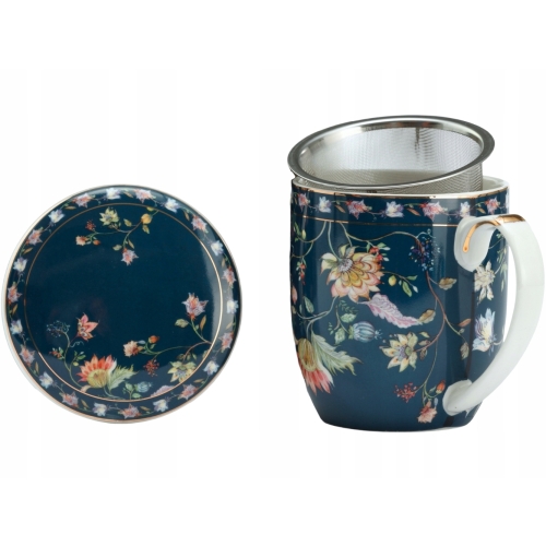 Porcelanowy Kubek z Zaparzaczem i Pokrywką do HERBATY ZIÓŁ 425 ml - KWIATY
