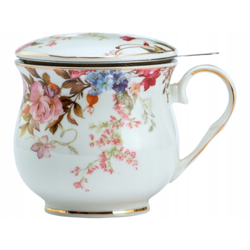 Porcelanowy Kubek z Zaparzaczem i Pokrywką do HERBATY ZIÓŁ 480 ml - KWIATY