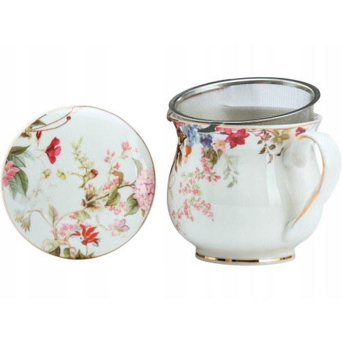 Porcelanowy Kubek z Zaparzaczem i Pokrywką do HERBATY ZIÓŁ 480 ml - KWIATY