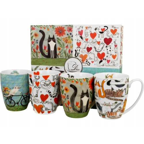 PORCELANA Zestaw Komplet CZTERCH Kubków 350 ml do KAWY HERBATY - Koci Świat