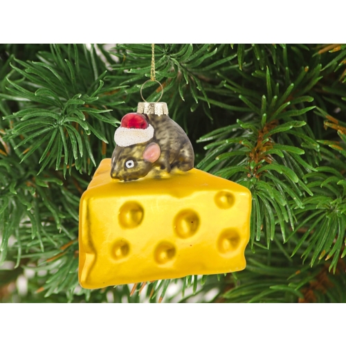 Bombka SZKLANA 8 x 8,5 x 8,5 cm Ozdoba choinkowa - MYSZKA NA ŻÓŁTYM SERZE