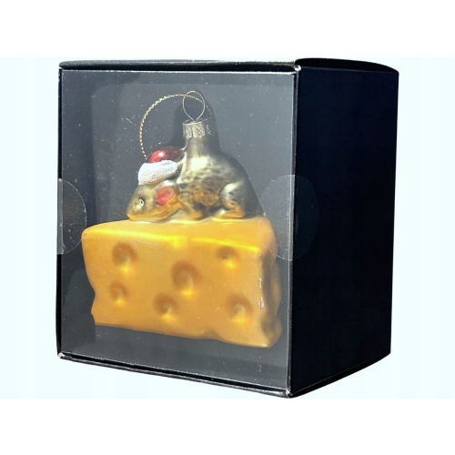 Bombka SZKLANA 8 x 8,5 x 8,5 cm Ozdoba choinkowa - MYSZKA NA ŻÓŁTYM SERZE
