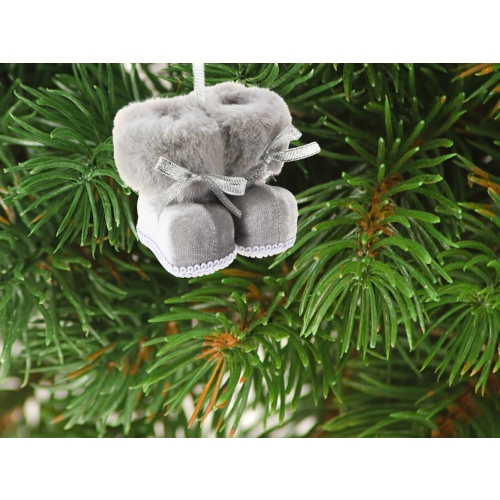 Zawieszka na choinkę 7,5x8,5cm Ozdoba świąteczna - SREBRNE BUTY Z FUTERKIEM