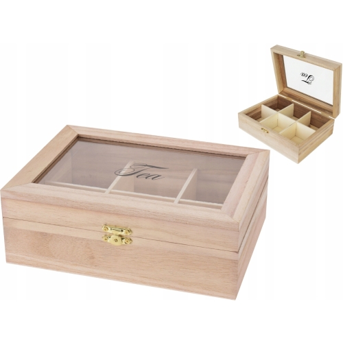 DREWNIANE Pudełko Skrzyneczka NA HERBATĘ Herbaciarka 21x16cm - 6 przegródek