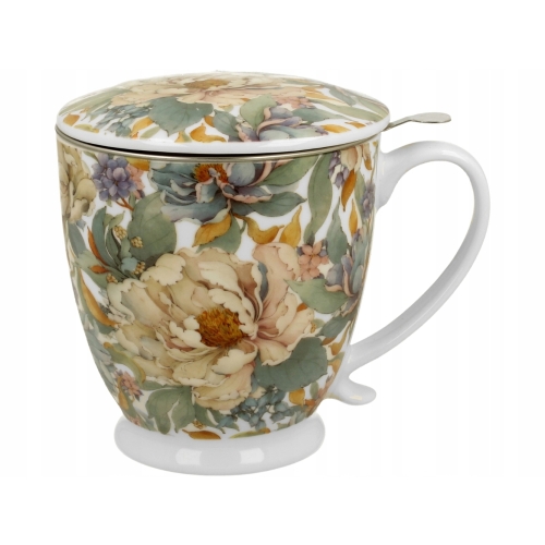 Porcelanowy Kubek 500 ml z Zaparzaczem do HERBATY ZIÓŁ - PEONY WHITE