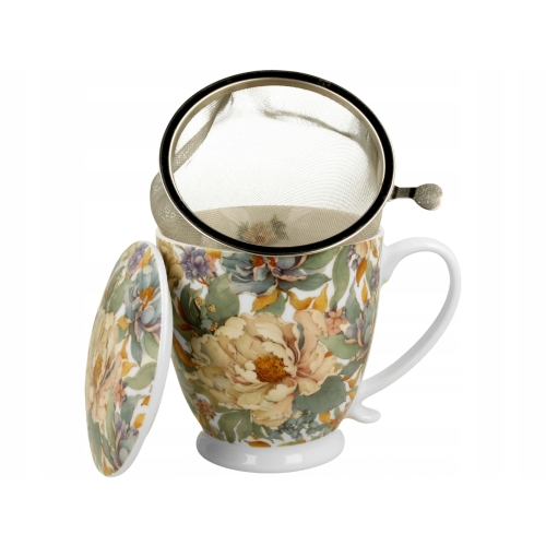 Porcelanowy Kubek 500 ml z Zaparzaczem do HERBATY ZIÓŁ - PEONY WHITE