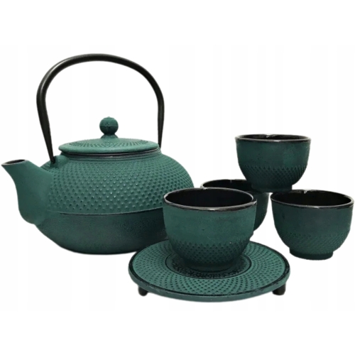 ZIELONY ŻELIWNY Czajnik 1,5 l Z zaparzaczem + 4 Czarki 150 ml + Podstawka