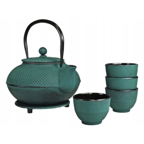 ZIELONY ŻELIWNY Czajnik 1,5 l Z zaparzaczem + 4 Czarki 150 ml + Podstawka