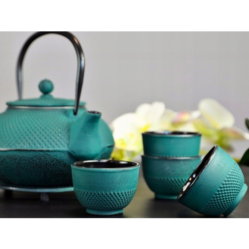 ZIELONY ŻELIWNY Czajnik 1,5 l Z zaparzaczem + 4 Czarki 150 ml + Podstawka