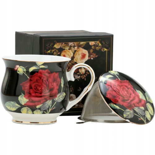Porcelanowy Kubek z Zaparzaczem i Pokrywką do HERBATY ZIÓŁ 480 ml - RÓŻE