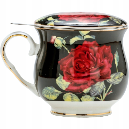 Porcelanowy Kubek z Zaparzaczem i Pokrywką do HERBATY ZIÓŁ 480 ml - RÓŻE