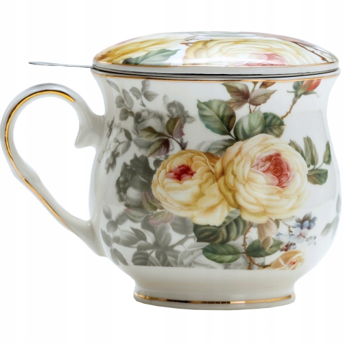 Porcelanowy Kubek z Zaparzaczem i Pokrywką do HERBATY ZIÓŁ 480 ml - RÓŻE